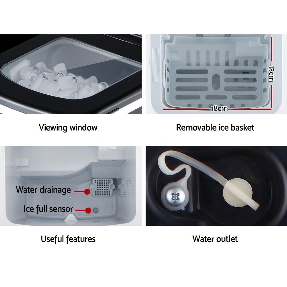 DEVANTi Portable Ice Cube Maker Machine in black, featuring an LED control panel and an inspection window, designed for home and commercial use.