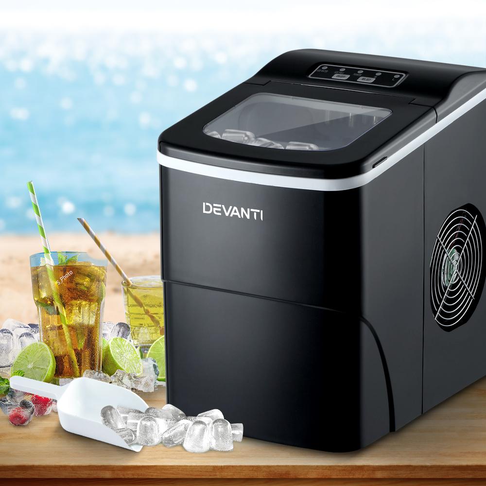 DEVANTi Portable Ice Cube Maker Machine in black, featuring an LED control panel and an inspection window, designed for home and commercial use.