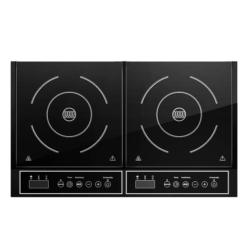 Devanti Portable Induction Cooktop 60cm with black ceramic glass surface and digital LED display, showcasing two cooking zones.