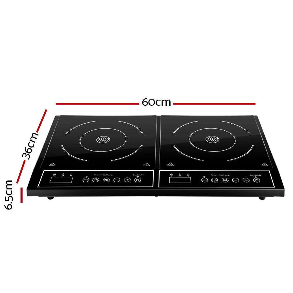 Devanti Portable Induction Cooktop 60cm with black ceramic glass surface and digital LED display, showcasing two cooking zones.