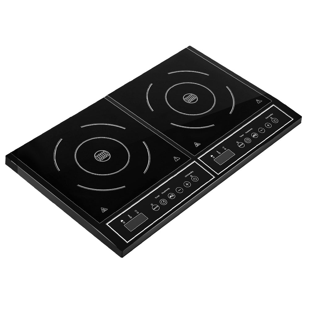 Devanti Portable Induction Cooktop 60cm with black ceramic glass surface and digital LED display, showcasing two cooking zones.