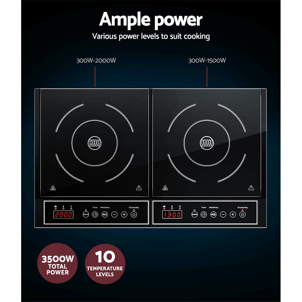 Devanti Portable Induction Cooktop 60cm with black ceramic glass surface and digital LED display, showcasing two cooking zones.