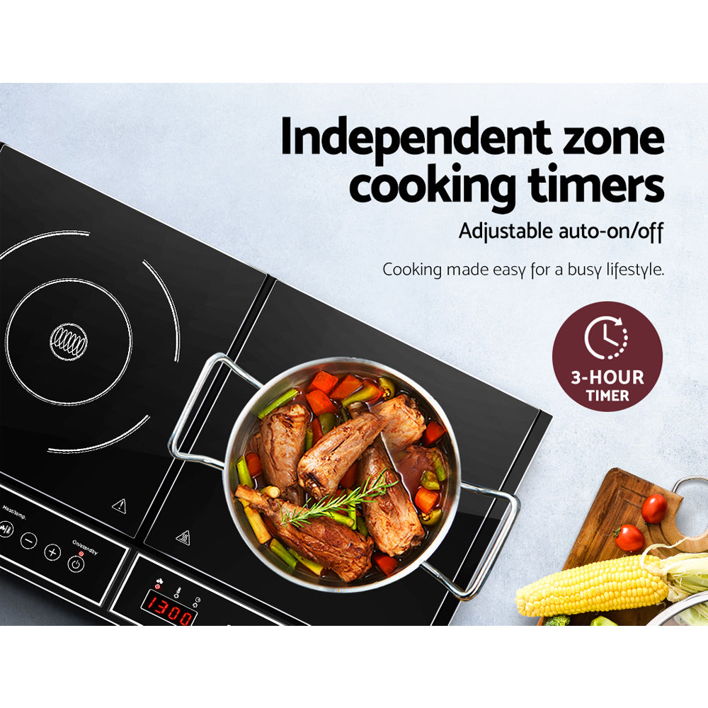 Devanti Portable Induction Cooktop 60cm with black ceramic glass surface and digital LED display, showcasing two cooking zones.