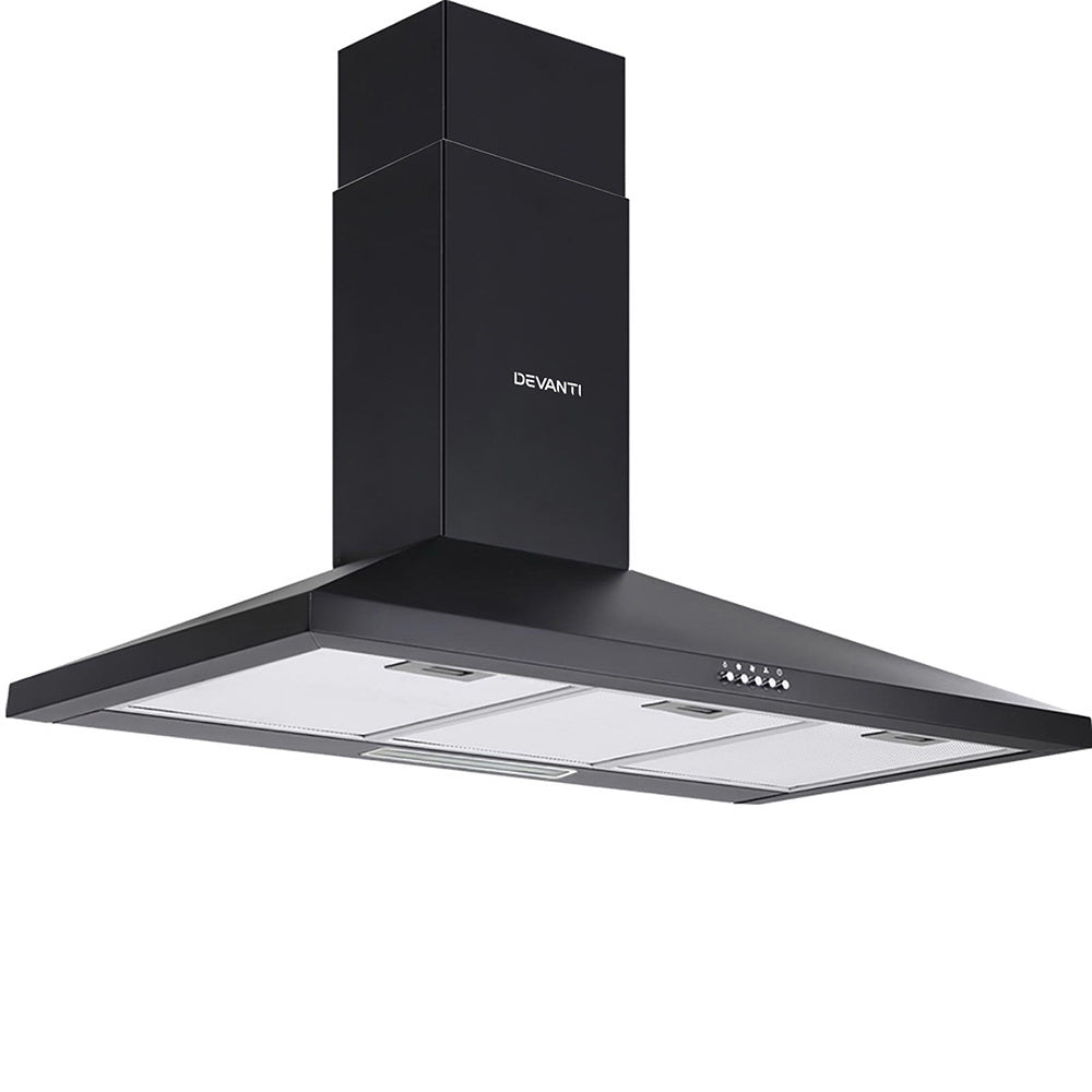 Devanti Range Hood 90cm in black powder-coated steel with LED light and adjustable chimney, designed for wall mounting in kitchens.