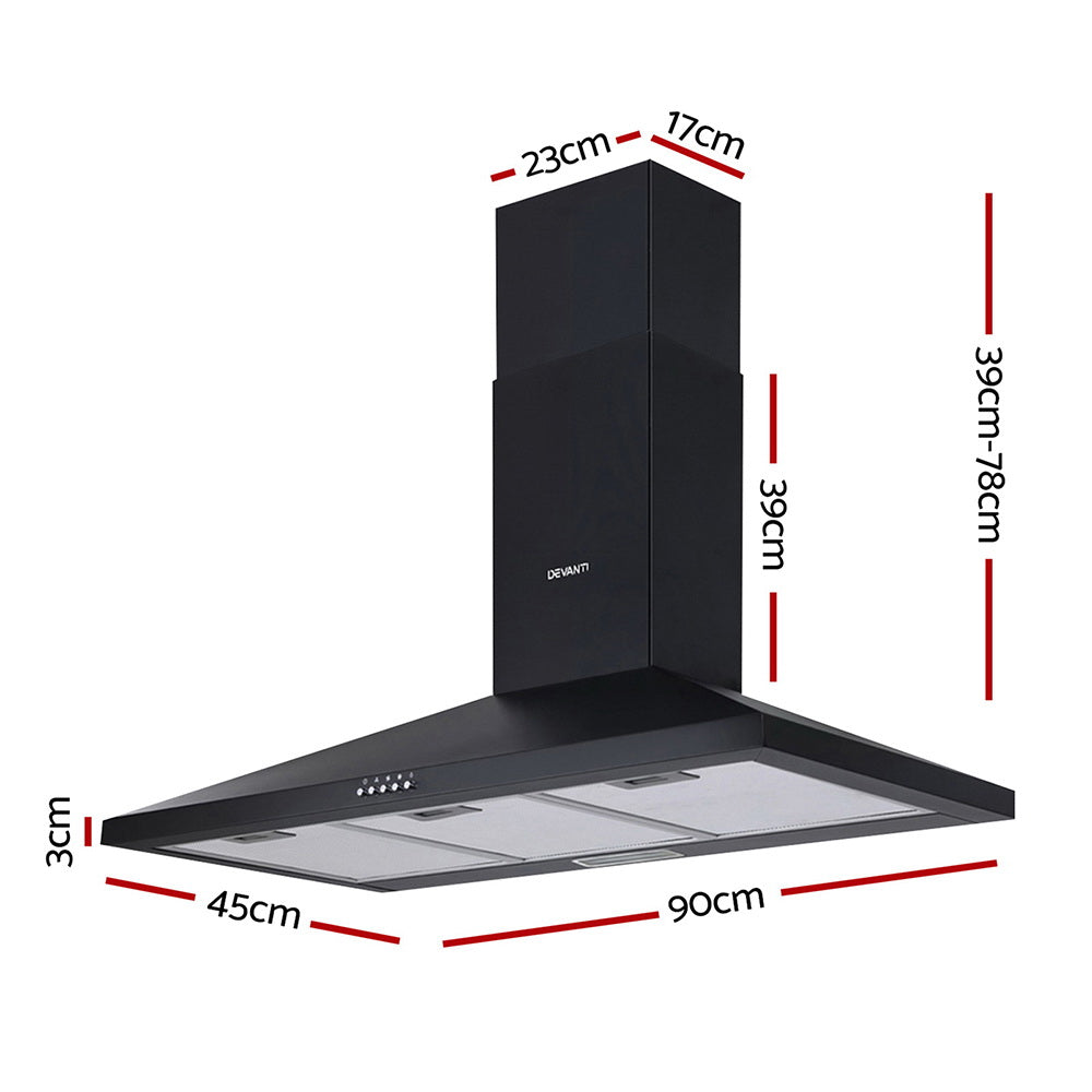 Devanti Range Hood 90cm in black powder-coated steel with LED light and adjustable chimney, designed for wall mounting in kitchens.