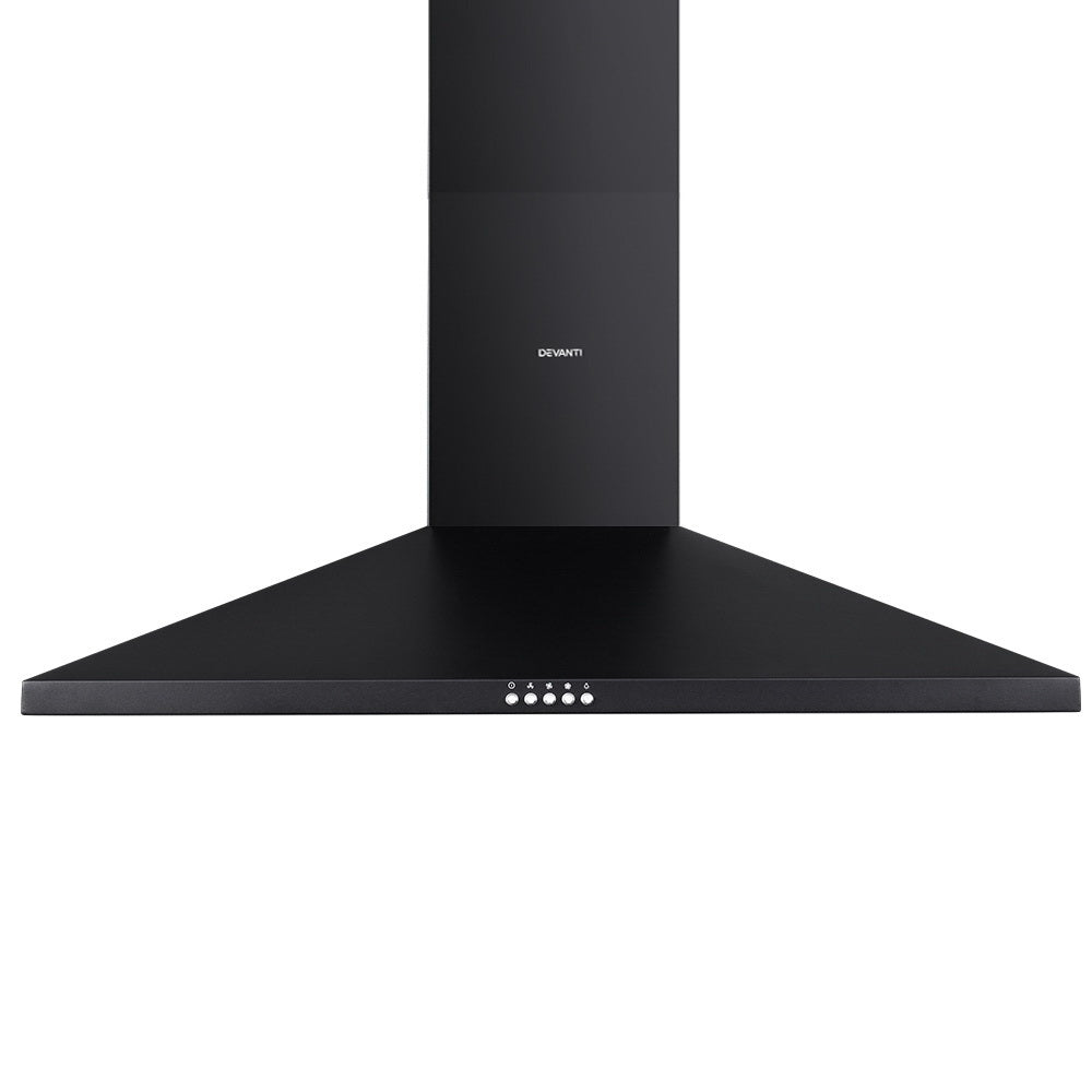 Devanti Range Hood 90cm in black powder-coated steel with LED light and adjustable chimney, designed for wall mounting in kitchens.