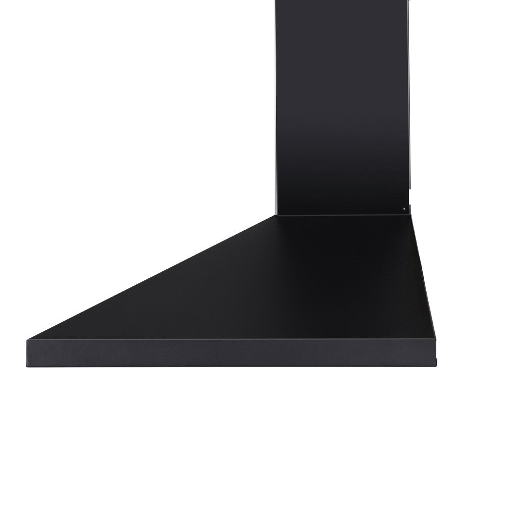 Devanti Range Hood 90cm in black powder-coated steel with LED light and adjustable chimney, designed for wall mounting in kitchens.