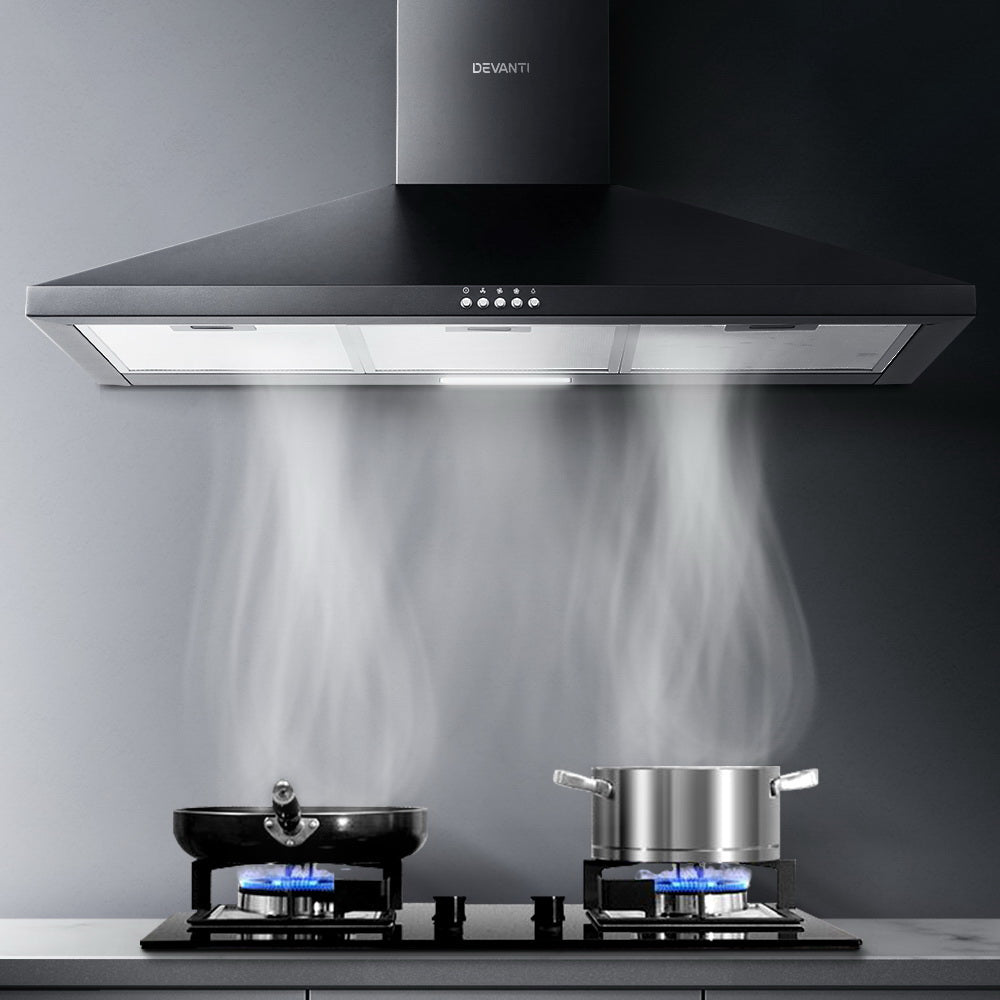 Devanti Range Hood 90cm in black powder-coated steel with LED light and adjustable chimney, designed for wall mounting in kitchens.