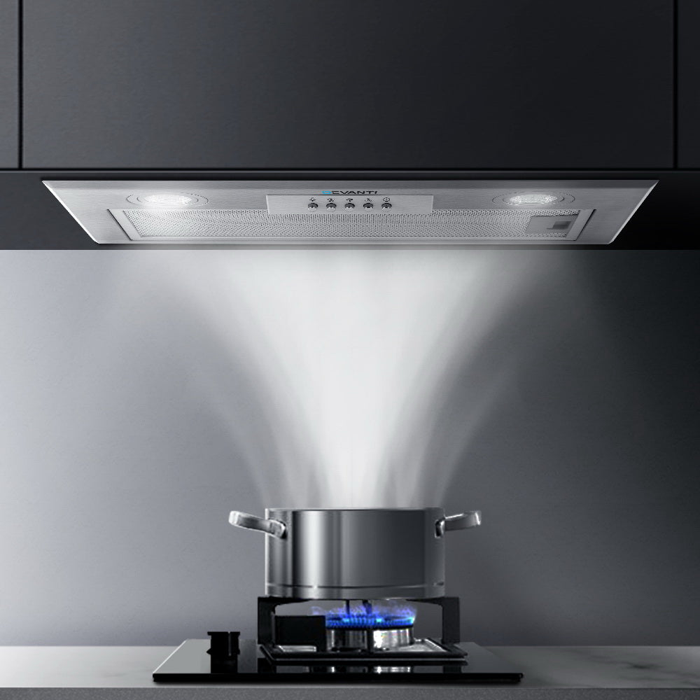 Devanti Undermount Range Hood in stainless steel, showcasing its sleek design and built-in features for efficient kitchen ventilation.