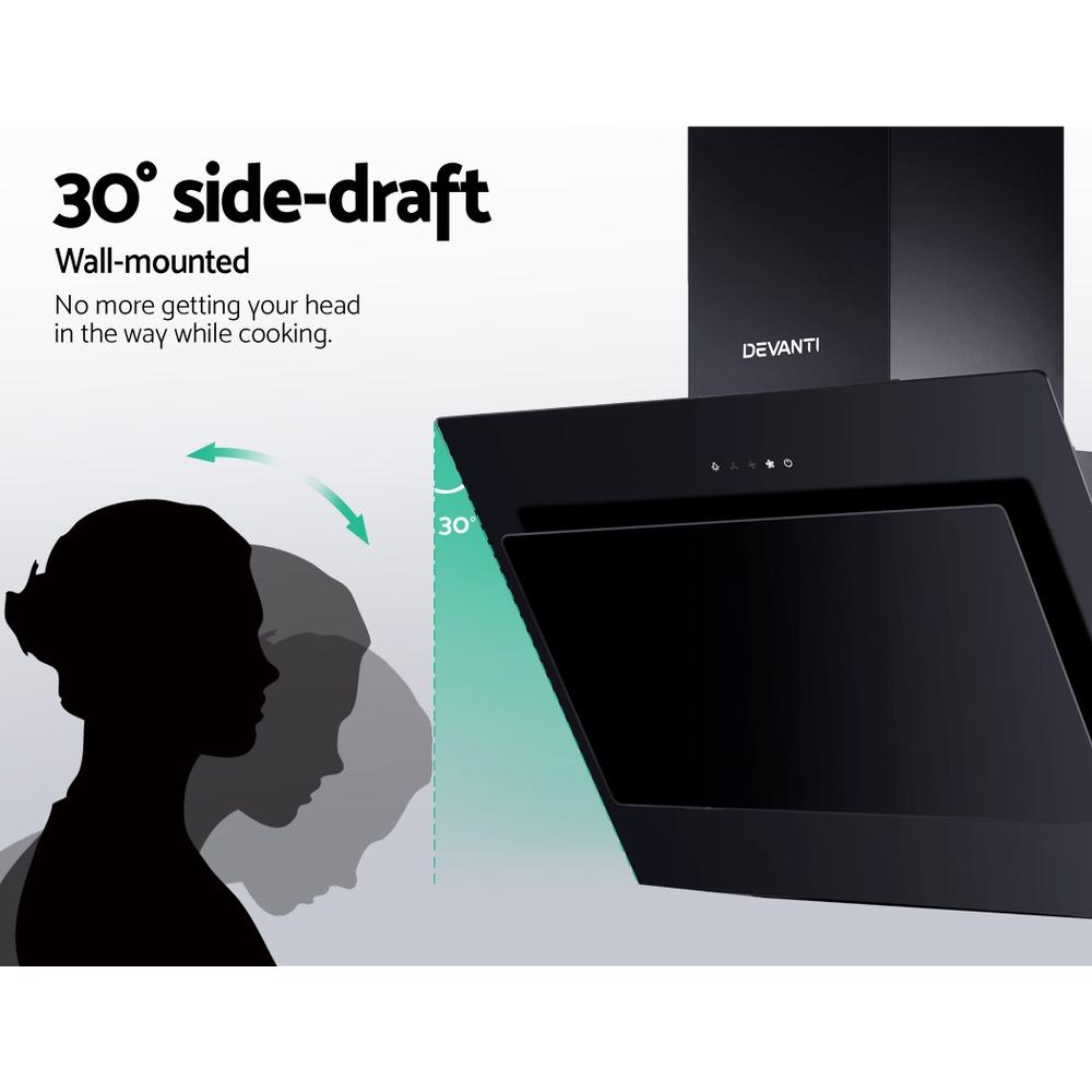 DEVANTI 900mm Black Angled Side Draft Range Hood with sleek black tempered glass finish and modern design.