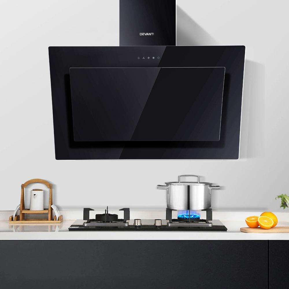 DEVANTI 900mm Black Angled Side Draft Range Hood with sleek black tempered glass finish and modern design.