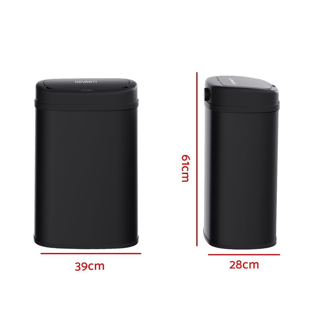 Devanti 50L Motion Sensor Bin in sleek black steel, designed for hands-free waste disposal.