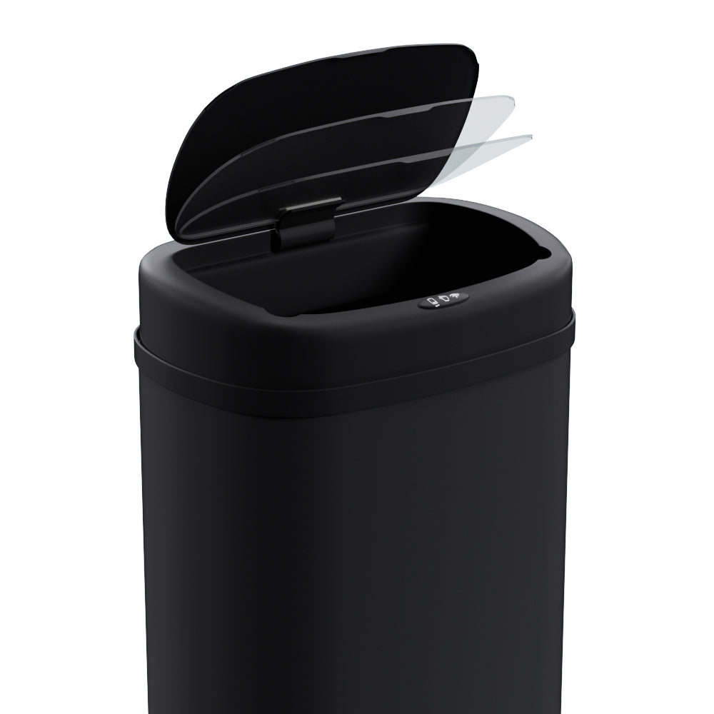 Devanti 50L Motion Sensor Bin in sleek black steel, designed for hands-free waste disposal.