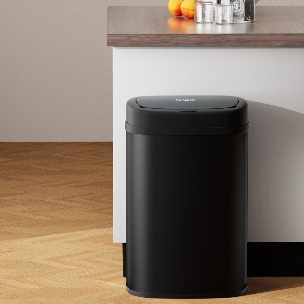 Devanti 50L Motion Sensor Bin in sleek black steel, designed for hands-free waste disposal.