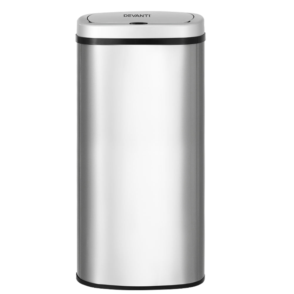 Devanti 60L Motion Sensor Bin in stainless steel, featuring a sleek design and hands-free operation for hygienic waste disposal.