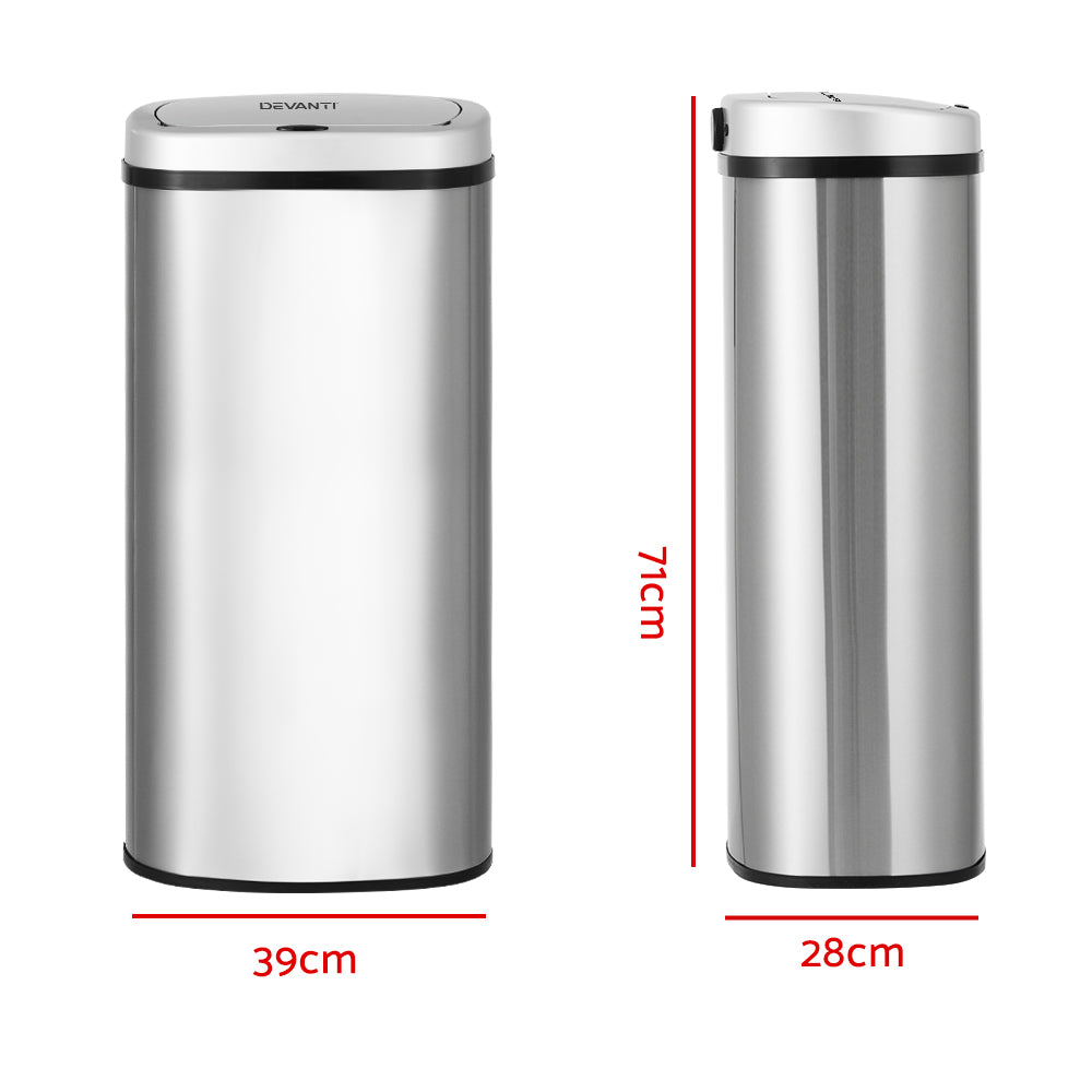 Devanti 60L Motion Sensor Bin in stainless steel, featuring a sleek design and hands-free operation for hygienic waste disposal.