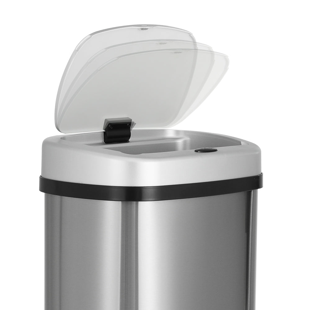 Devanti 60L Motion Sensor Bin in stainless steel, featuring a sleek design and hands-free operation for hygienic waste disposal.