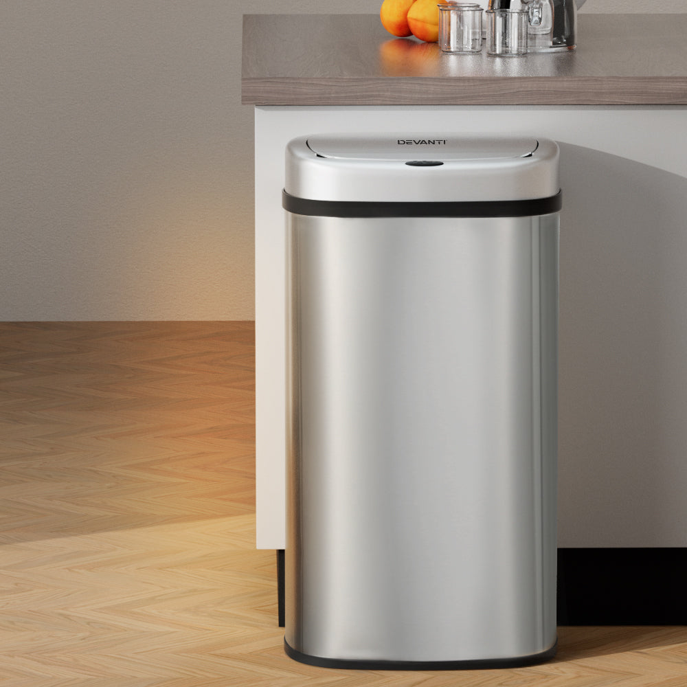 Devanti 60L Motion Sensor Bin in stainless steel, featuring a sleek design and hands-free operation for hygienic waste disposal.