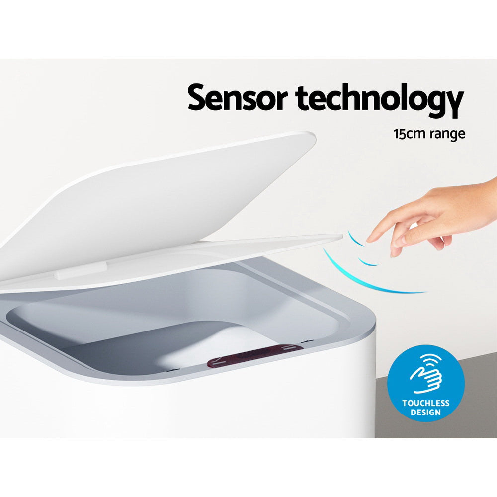 Devanti Sensor Bin in white, showcasing its sleek design and motion sensor feature for hands-free operation.