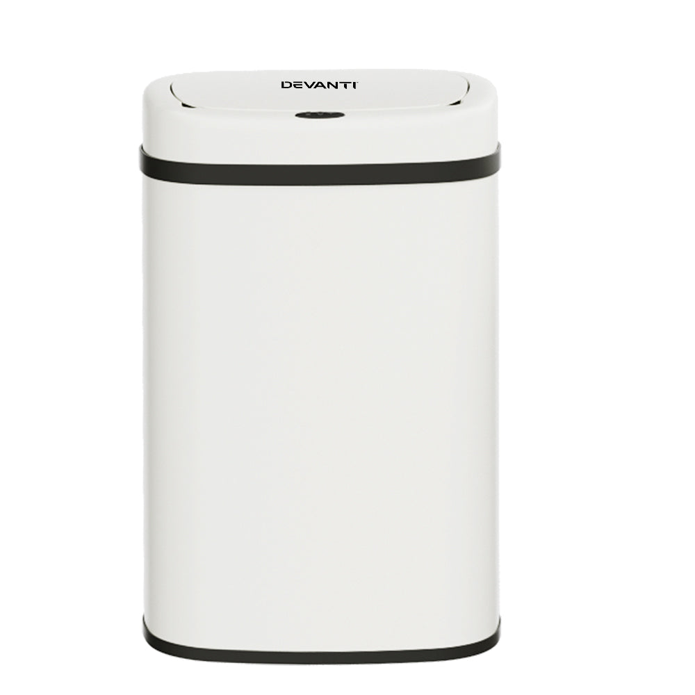 Devanti Sensor Bin in white steel with motion sensor, 50L capacity, designed for hands-free trash disposal.