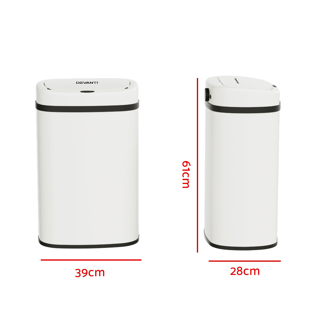 Devanti Sensor Bin in white steel with motion sensor, 50L capacity, designed for hands-free trash disposal.