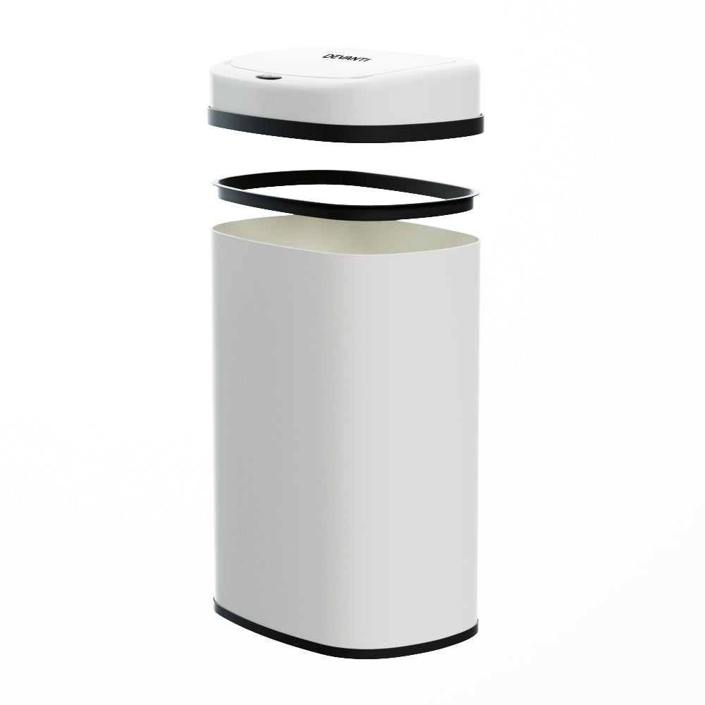 Devanti Sensor Bin in white steel with motion sensor, 50L capacity, designed for hands-free trash disposal.