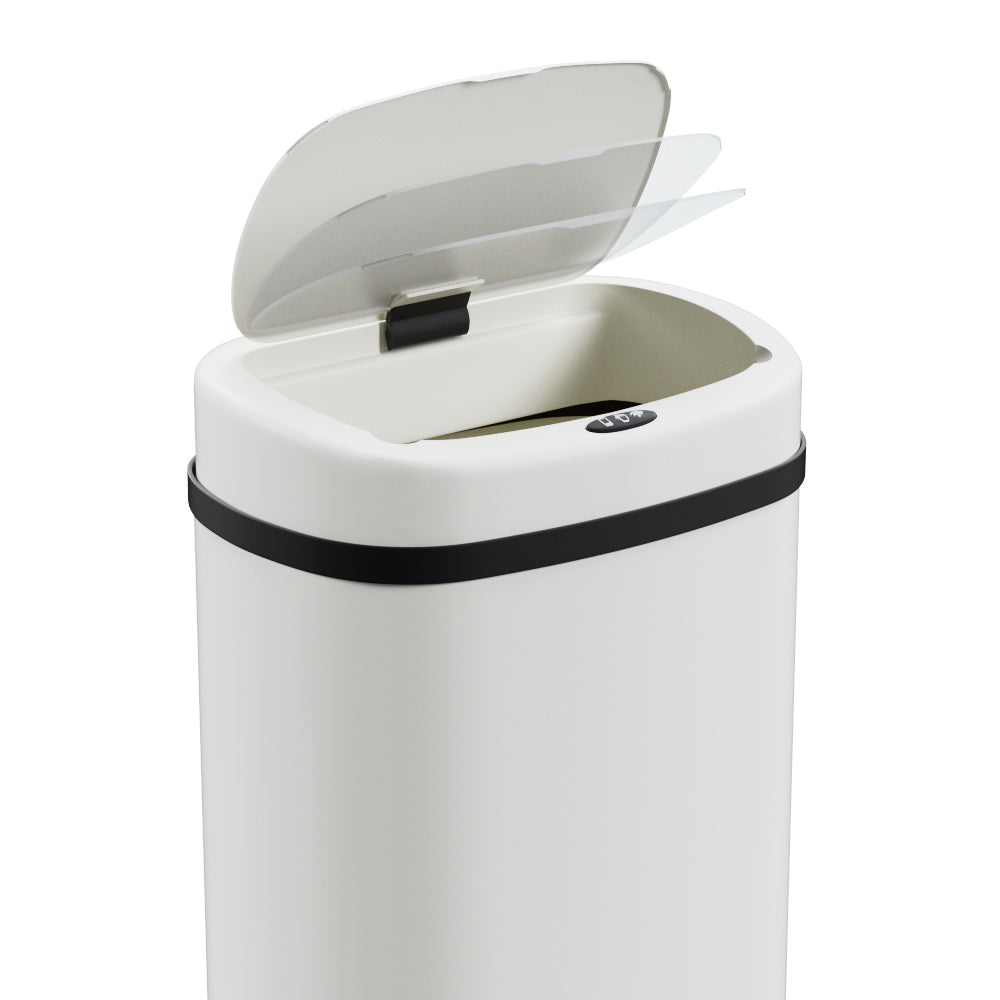 Devanti Sensor Bin in white steel with motion sensor, 50L capacity, designed for hands-free trash disposal.