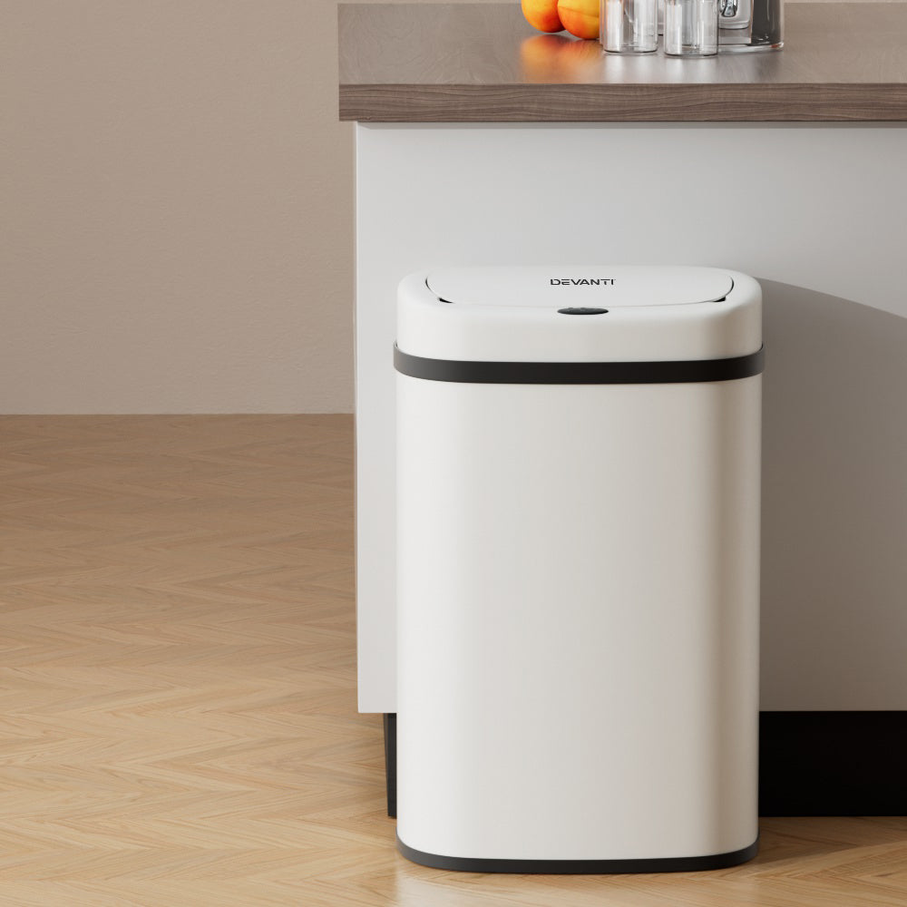 Devanti Sensor Bin in white steel with motion sensor, 50L capacity, designed for hands-free trash disposal.