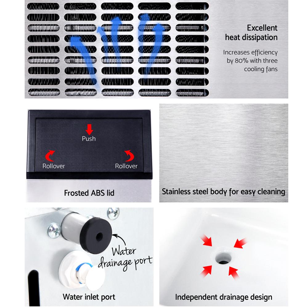 Devanti Stainless Steel Commercial Ice Cube Maker with adjustable legs and LED control panel, producing square ice cubes.