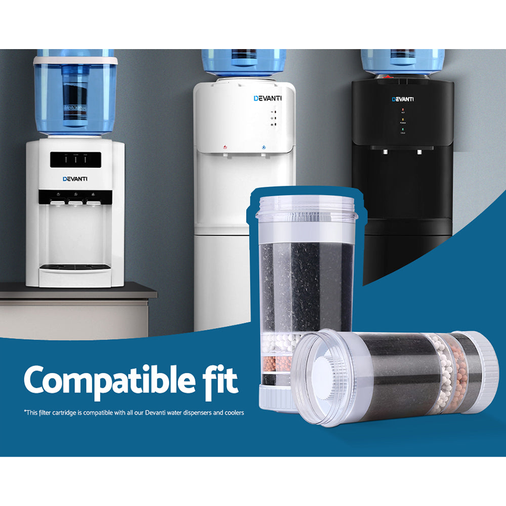 Devanti Water Cooler Filter Purifier 2 Pack featuring a 6-stage filtration system for cleaner drinking water, made from food-grade plastic.