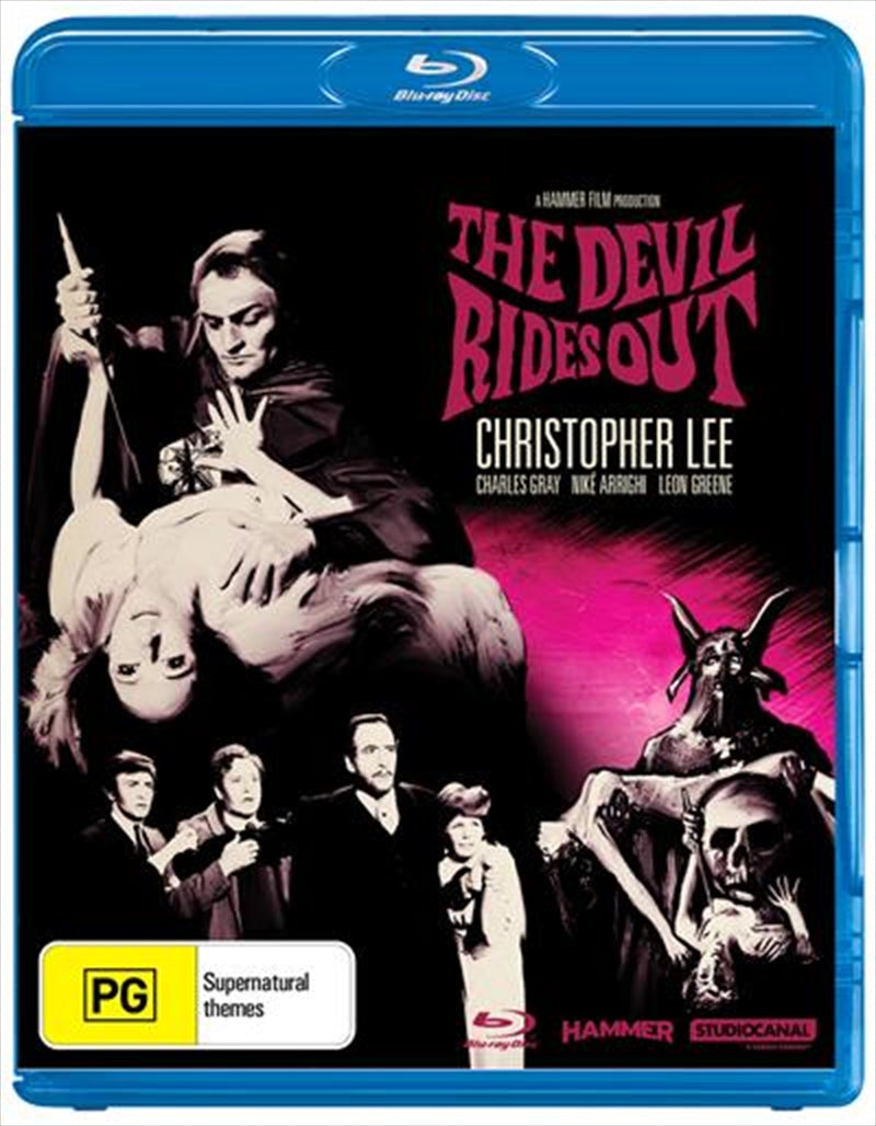 Blu-ray cover of 'Devil Rides Out', featuring dark and mysterious imagery with characters Duc de Richleau and Mocata.