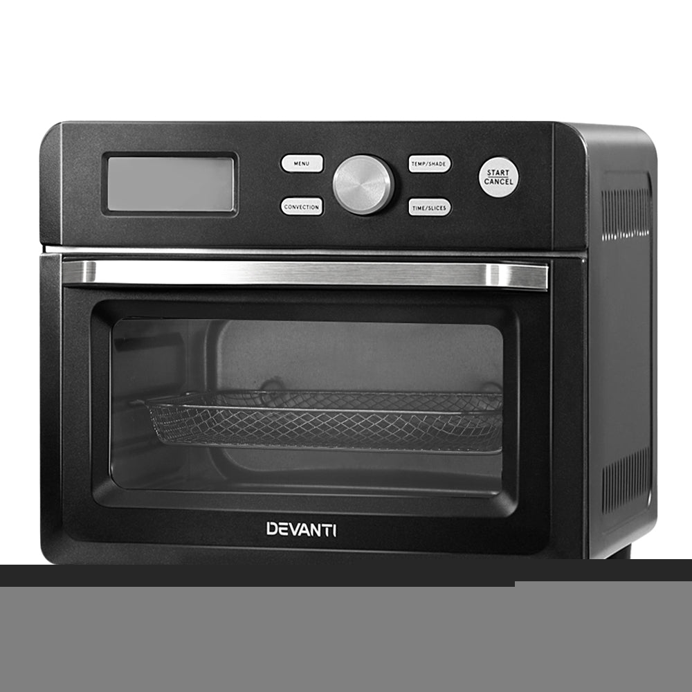 Devnati 20L Air Fryer Convection Oven with LCD display and stainless steel finish, showcasing its large capacity and cooking presets.