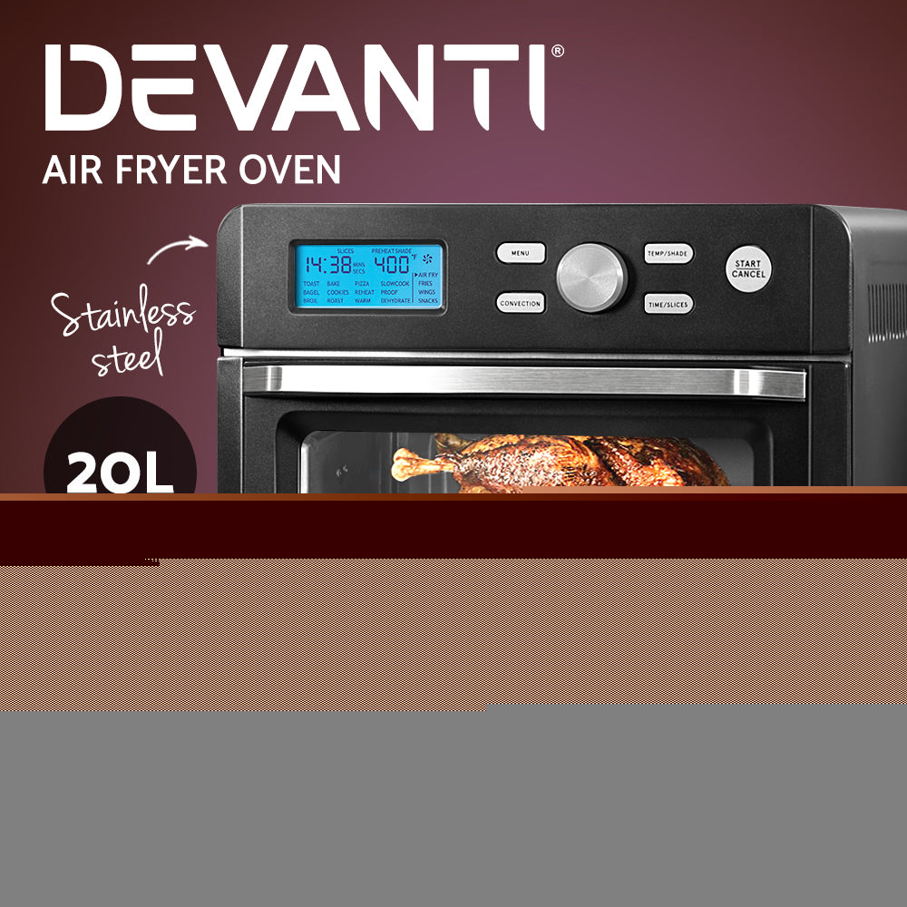 Devnati 20L Air Fryer Convection Oven with LCD display and stainless steel finish, showcasing its large capacity and cooking presets.