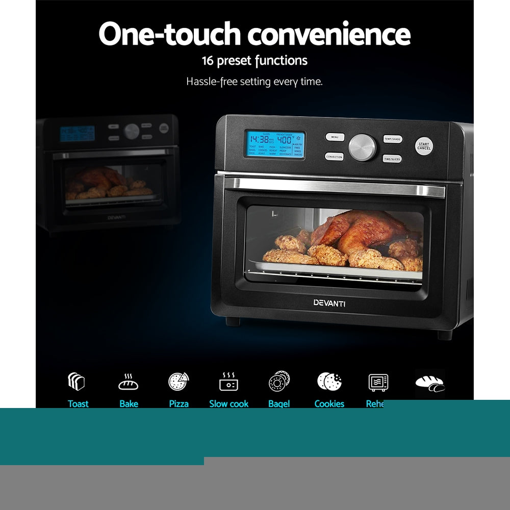 Devnati 20L Air Fryer Convection Oven with LCD display and stainless steel finish, showcasing its large capacity and cooking presets.