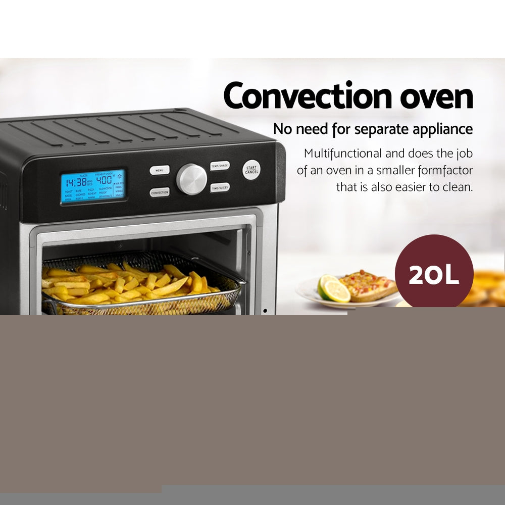 Devnati 20L Air Fryer Convection Oven with LCD display and stainless steel finish, showcasing its large capacity and cooking presets.