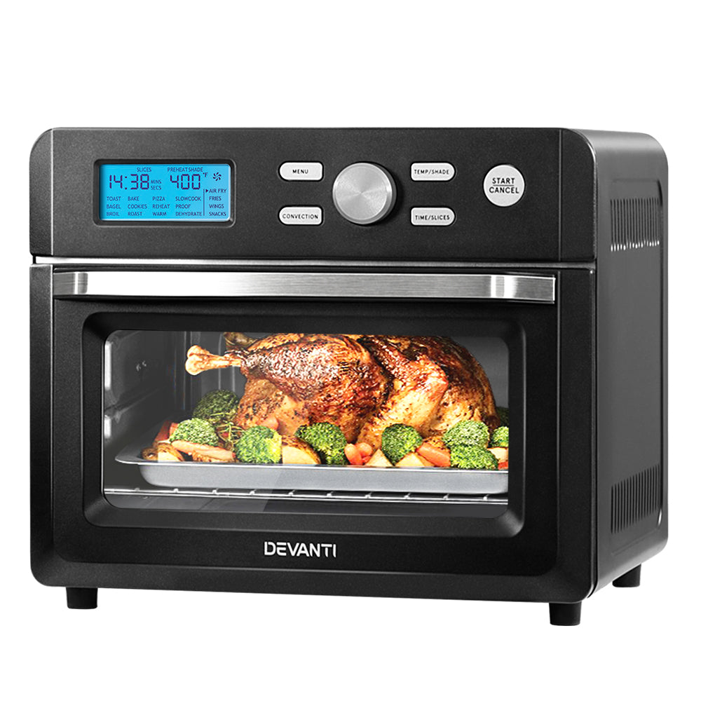 Devnati 20L Air Fryer Convection Oven with LCD display and stainless steel finish, showcasing its large capacity and cooking presets.