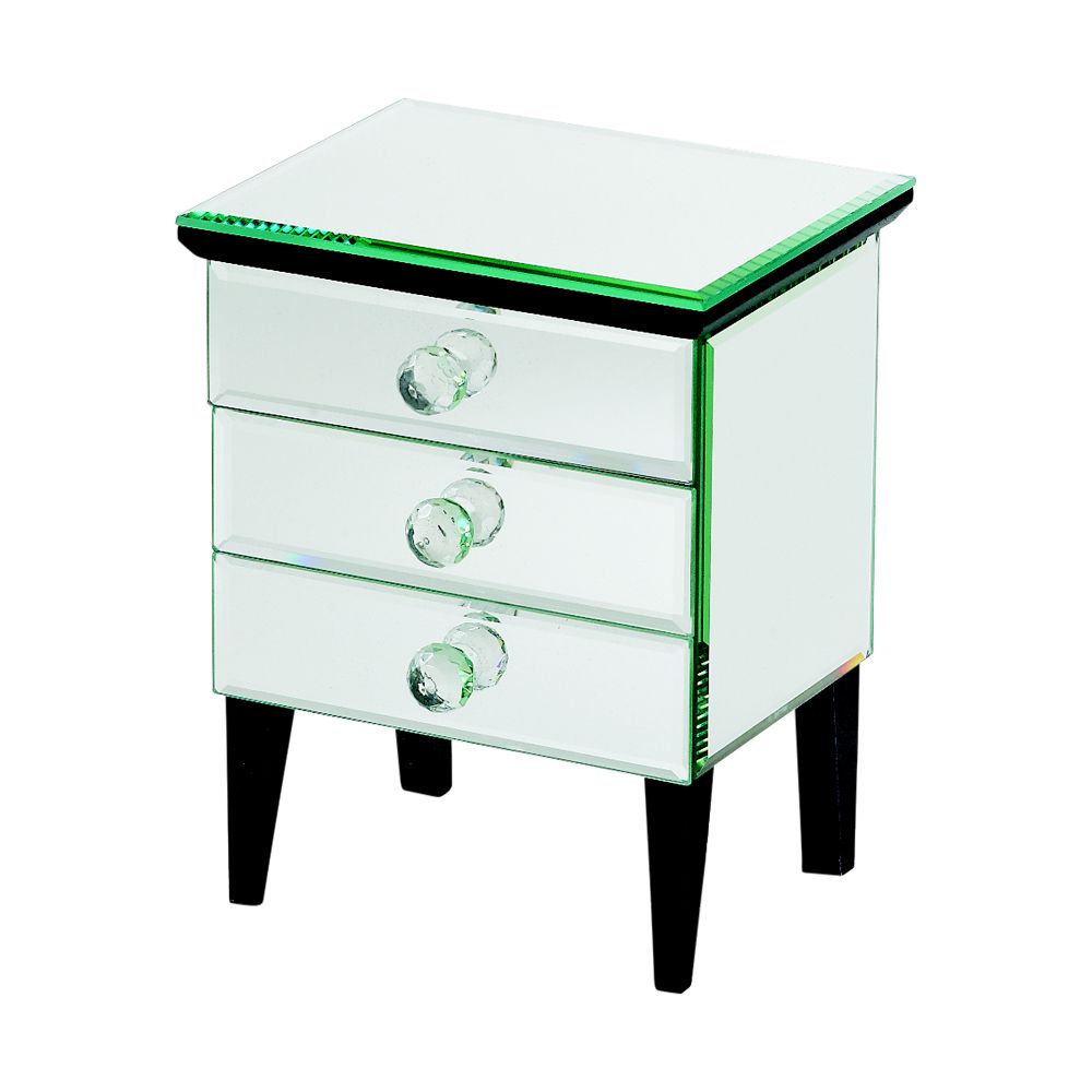 Diana Box featuring hand-cut beveled mirrors and three drawers with crystal pulls, elegantly designed with ebony finished wooden legs.