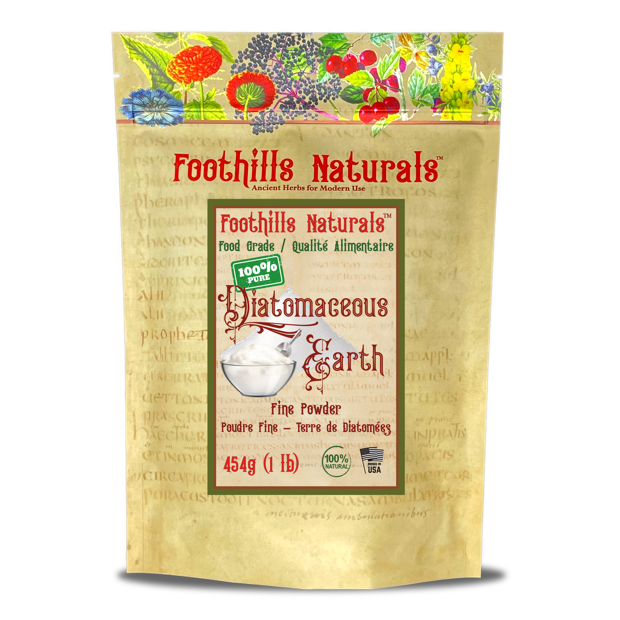 A fine powder of food-grade Diatomaceous Earth in a clear container, showcasing its white texture, ideal for gardening and pet care.