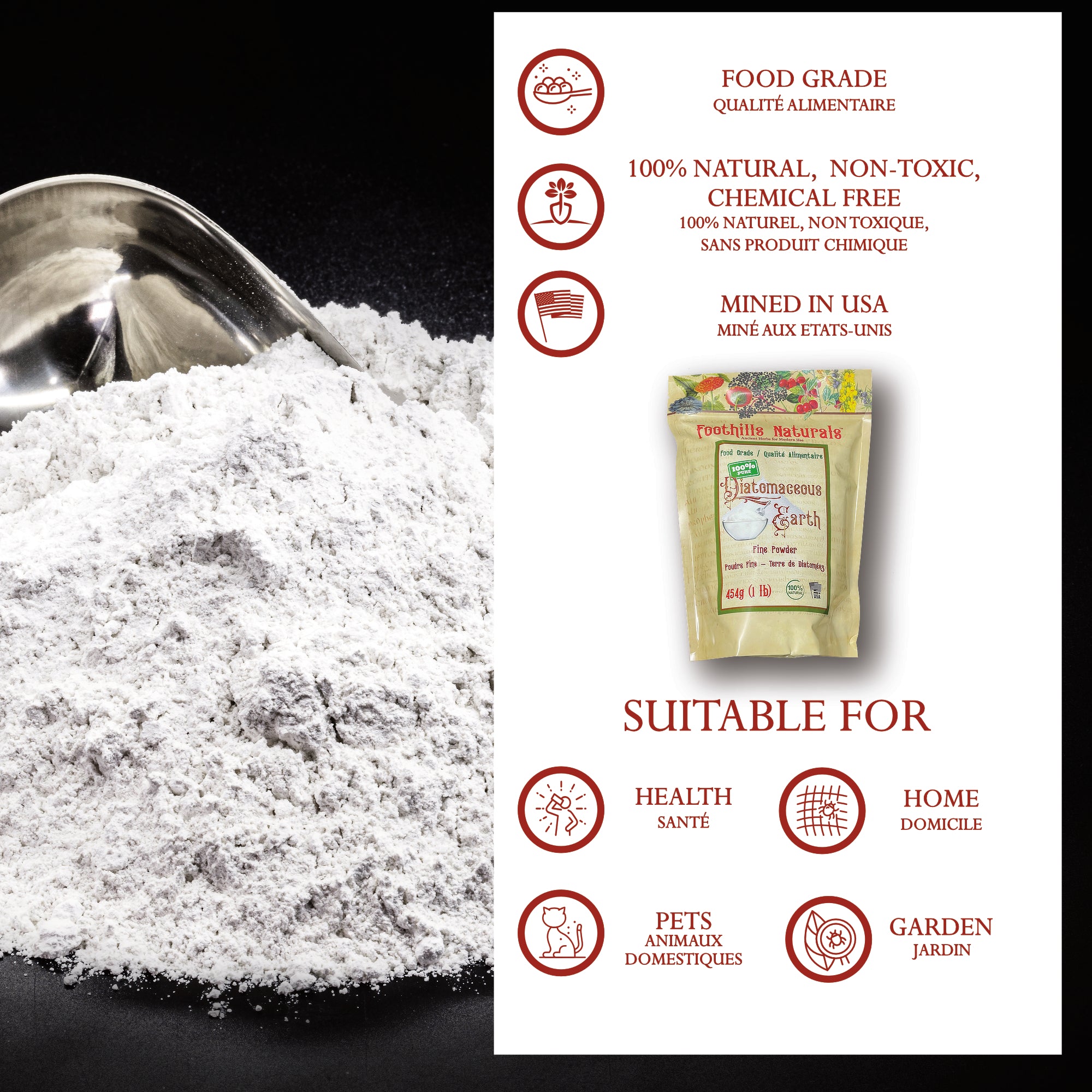 A fine powder of food-grade Diatomaceous Earth in a clear container, showcasing its white texture, ideal for gardening and pet care.