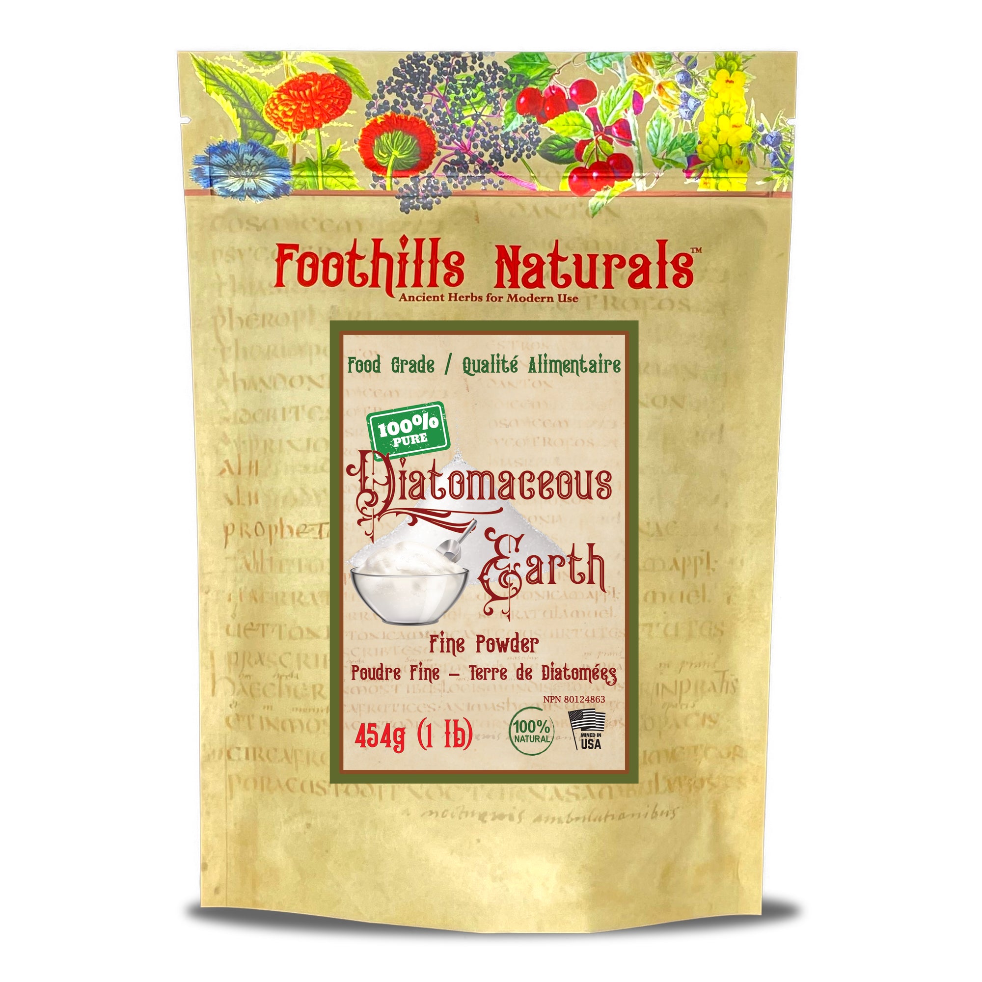 A fine powder of food-grade Diatomaceous Earth in a clear container, showcasing its white texture, ideal for gardening and pet care.