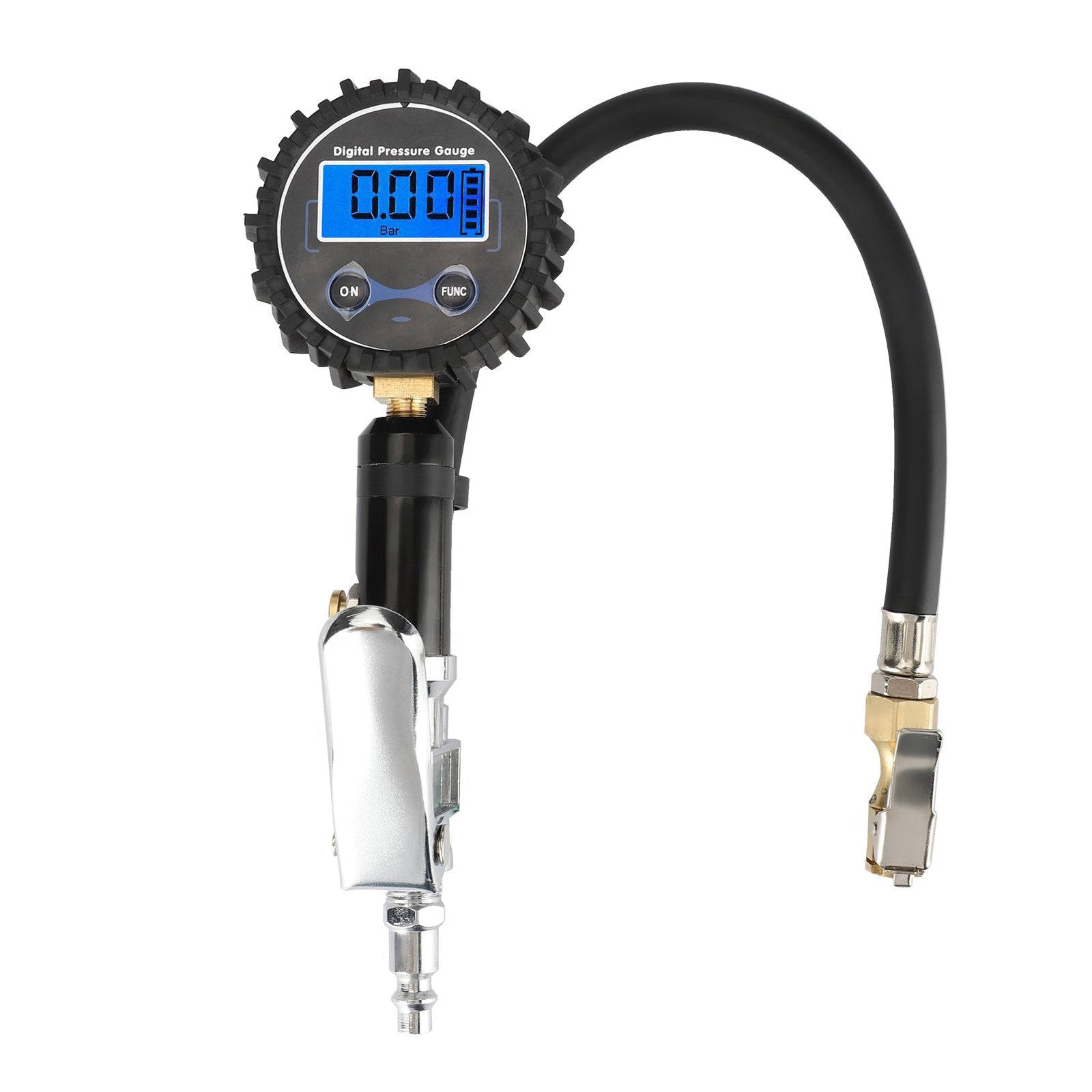 Digital Tyre Pressure Gauge with LCD display and accessories for accurate tyre pressure measurement.