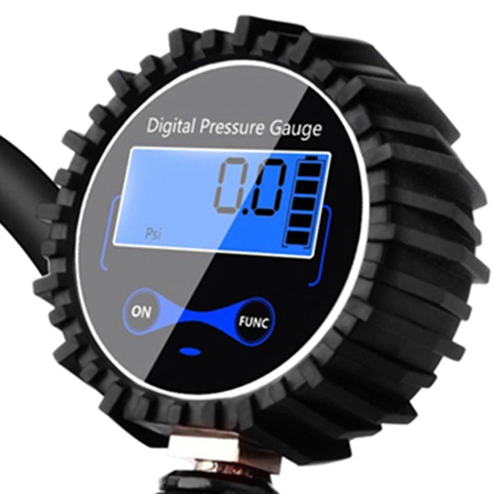 Digital Tyre Pressure Gauge with LCD display and accessories for accurate tyre pressure measurement.