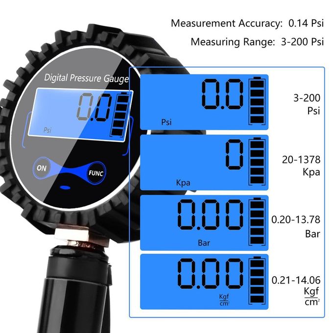 Digital Tyre Pressure Gauge with LCD display and accessories for accurate tyre pressure measurement.