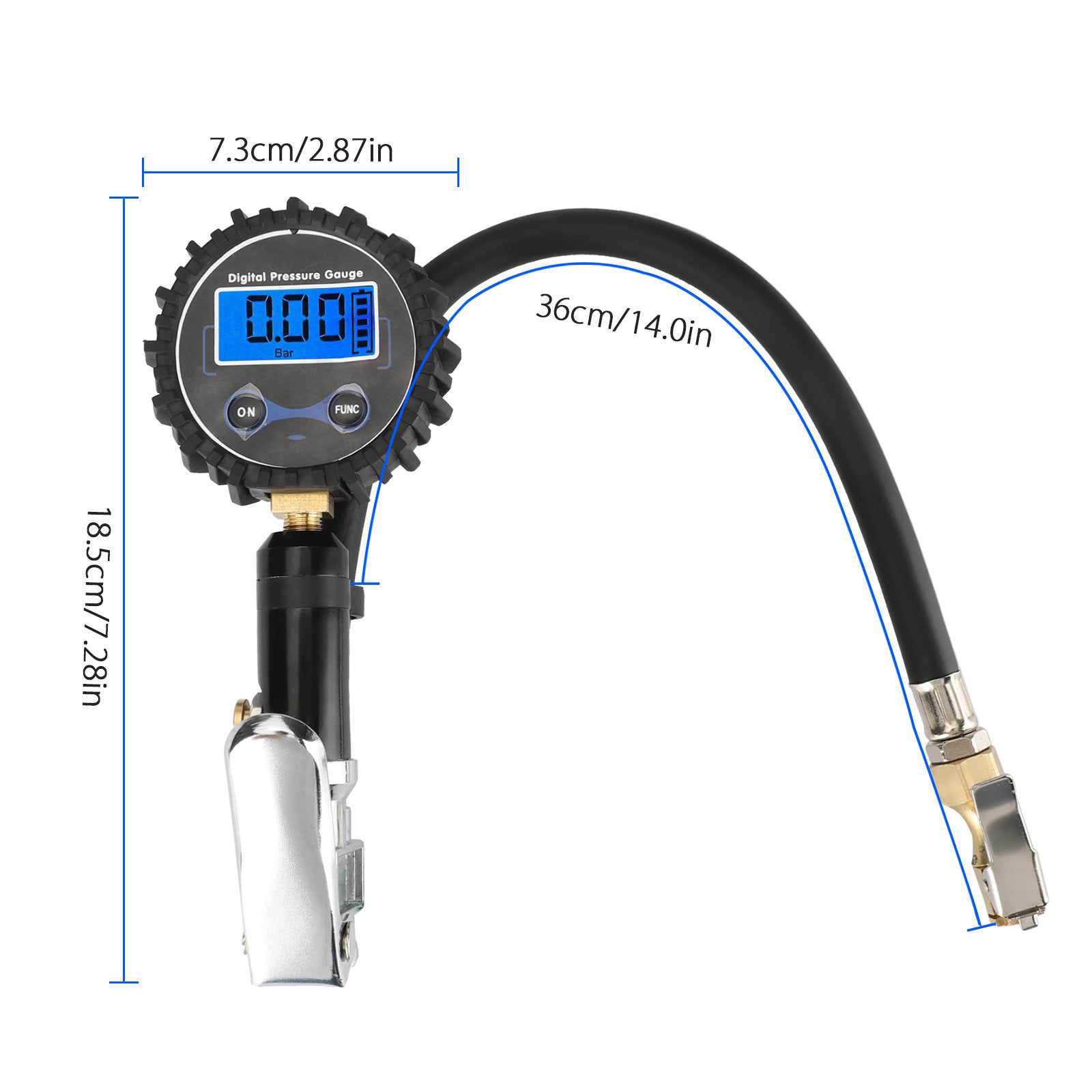 Digital Tyre Pressure Gauge with LCD display and accessories for accurate tyre pressure measurement.