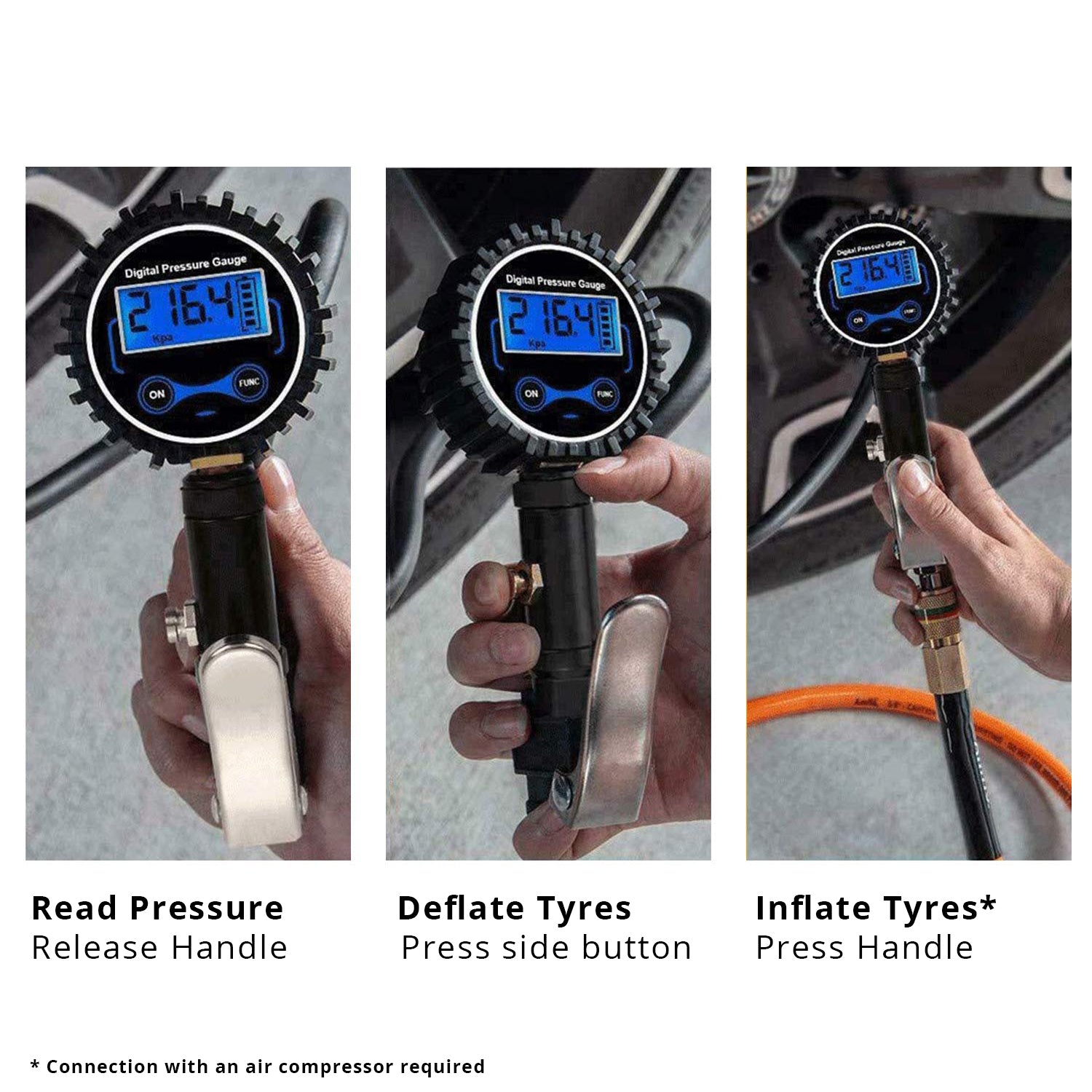 Digital Tyre Pressure Gauge with LCD display and accessories for accurate tyre pressure measurement.