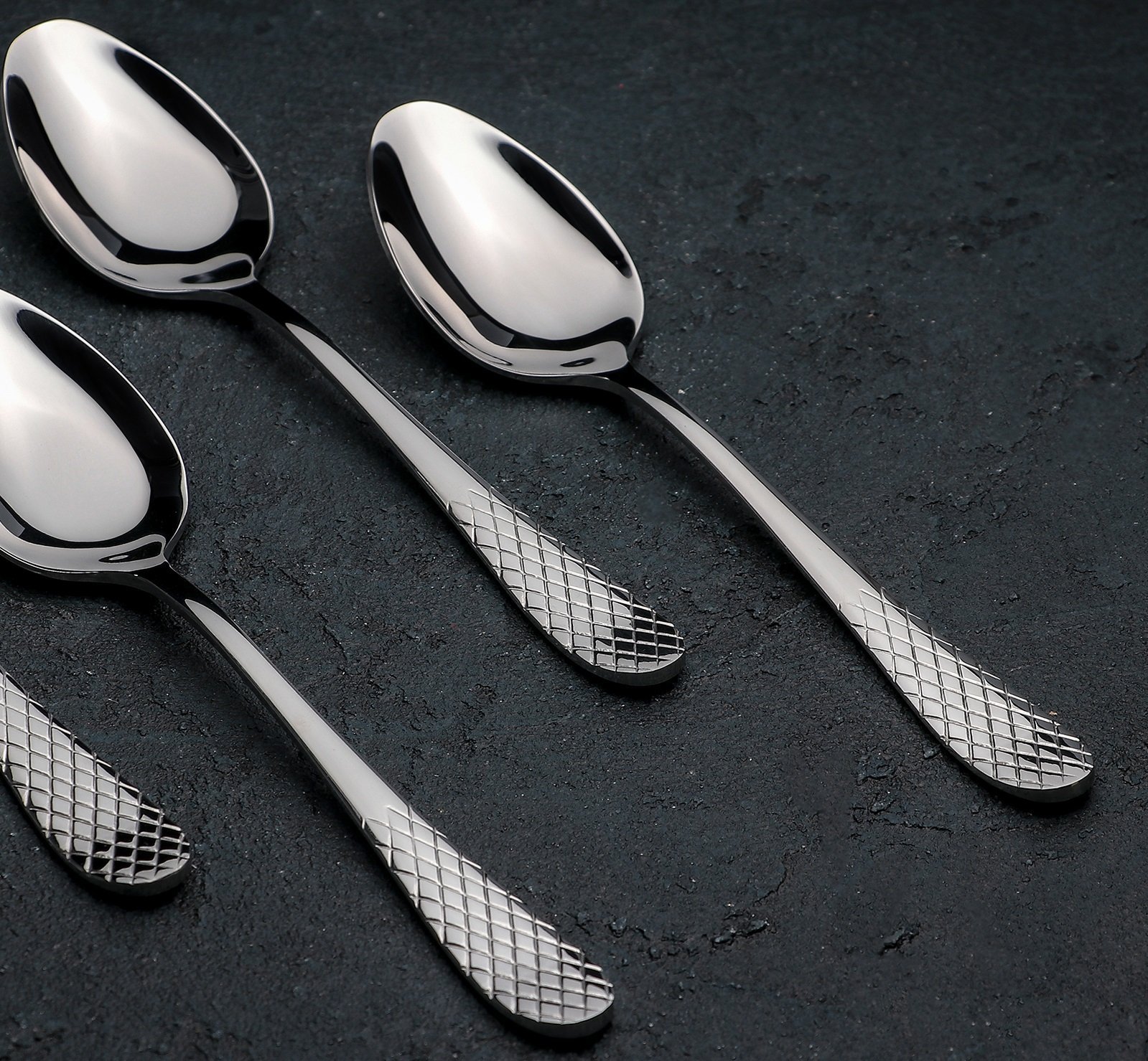 WILMAX Dinner Spoon Set of 6, 8-inch stainless steel spoons in elegant gift box, showcasing high polish finish and comfortable design.