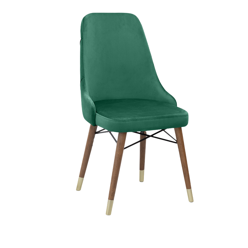 EDMOND velvet dining chair in dark green with walnut and gold legs, showcasing luxurious upholstery and elegant design.