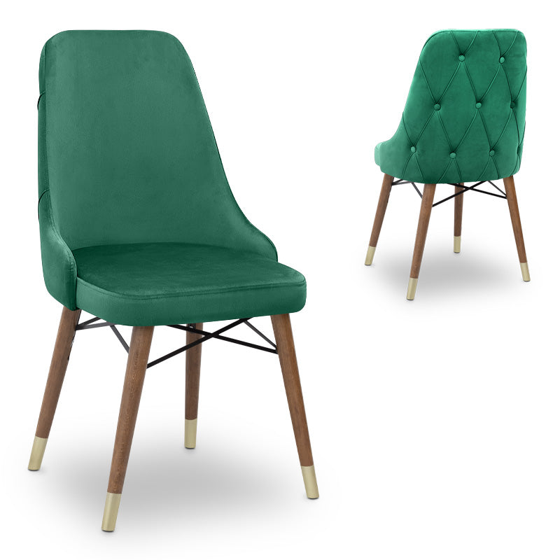 EDMOND velvet dining chair in dark green with walnut and gold legs, showcasing luxurious upholstery and elegant design.