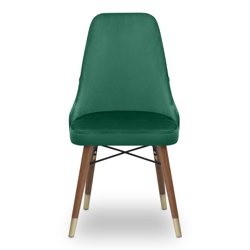 EDMOND velvet dining chair in dark green with walnut and gold legs, showcasing luxurious upholstery and elegant design.