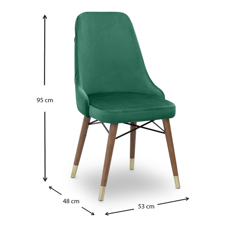 EDMOND velvet dining chair in dark green with walnut and gold legs, showcasing luxurious upholstery and elegant design.